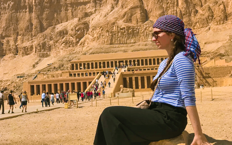 a-foreign-tourist-in-front-of-the-temple-of-hatshepsut-in-luxor Mortuary Temple of Hatshepsut